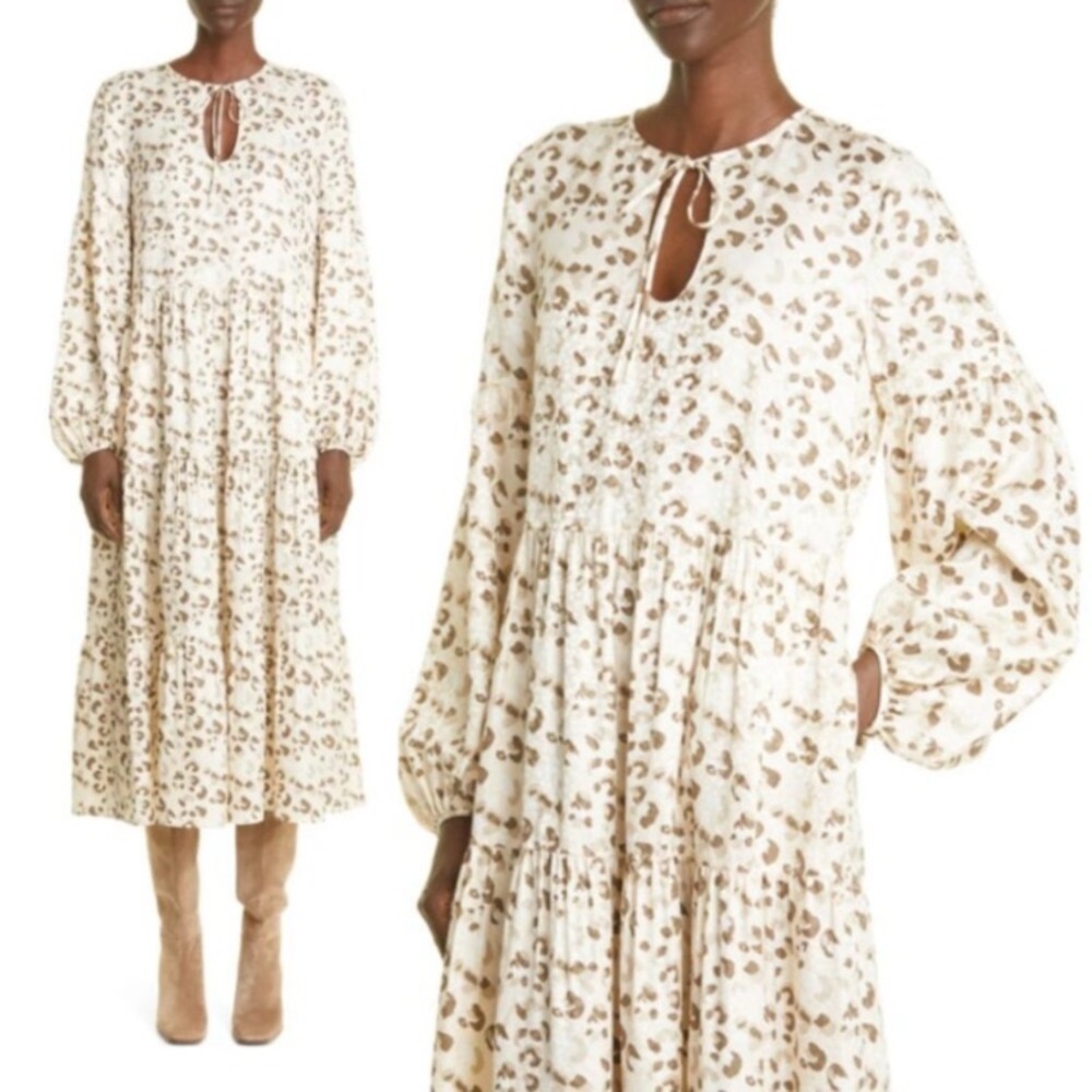 Lafayette 148 New York Lupe Leopard Print Long Sleeve Silk Midi Dress in Raffia